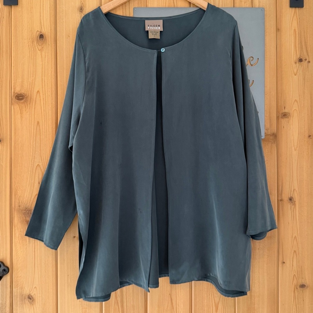 Eileen Fisher 100% Silk 3/4 Sleeve Relaxed Fit Topper in Gray Size Large